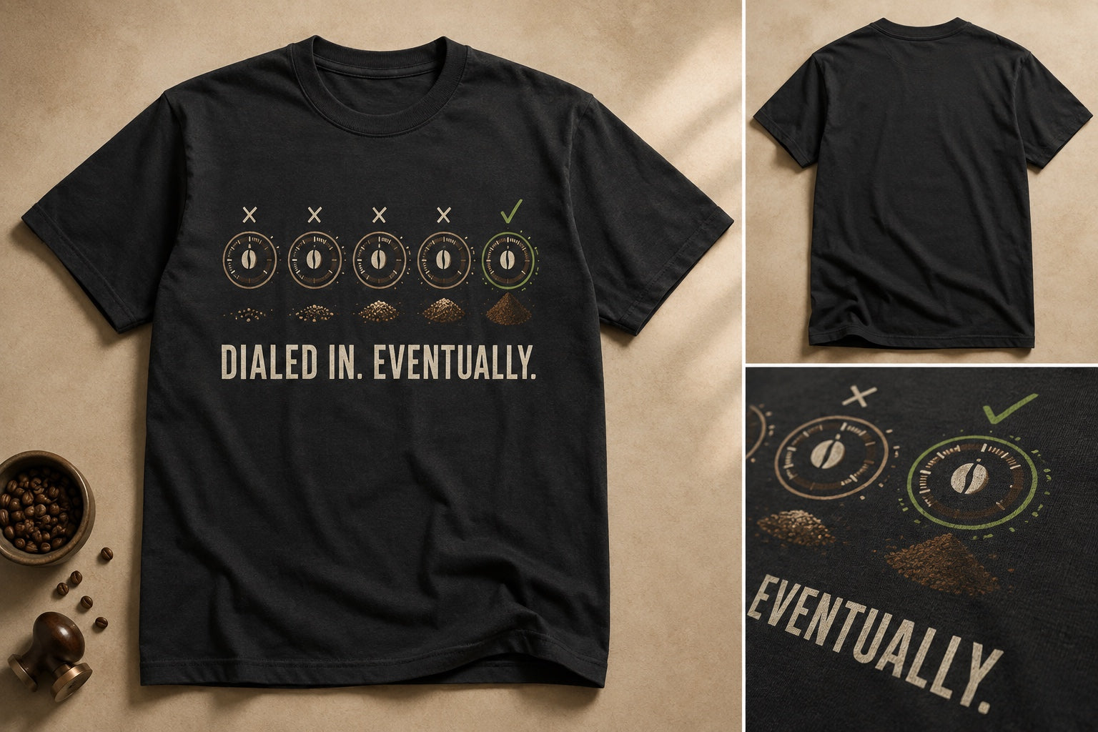 Coffee-lover T-shirt concept with grind-setting illustrations and the words Dialed in. Eventually.
